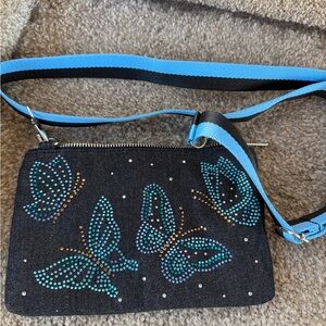 Butterfly Embellished Crossbody Bag - Black and Blue